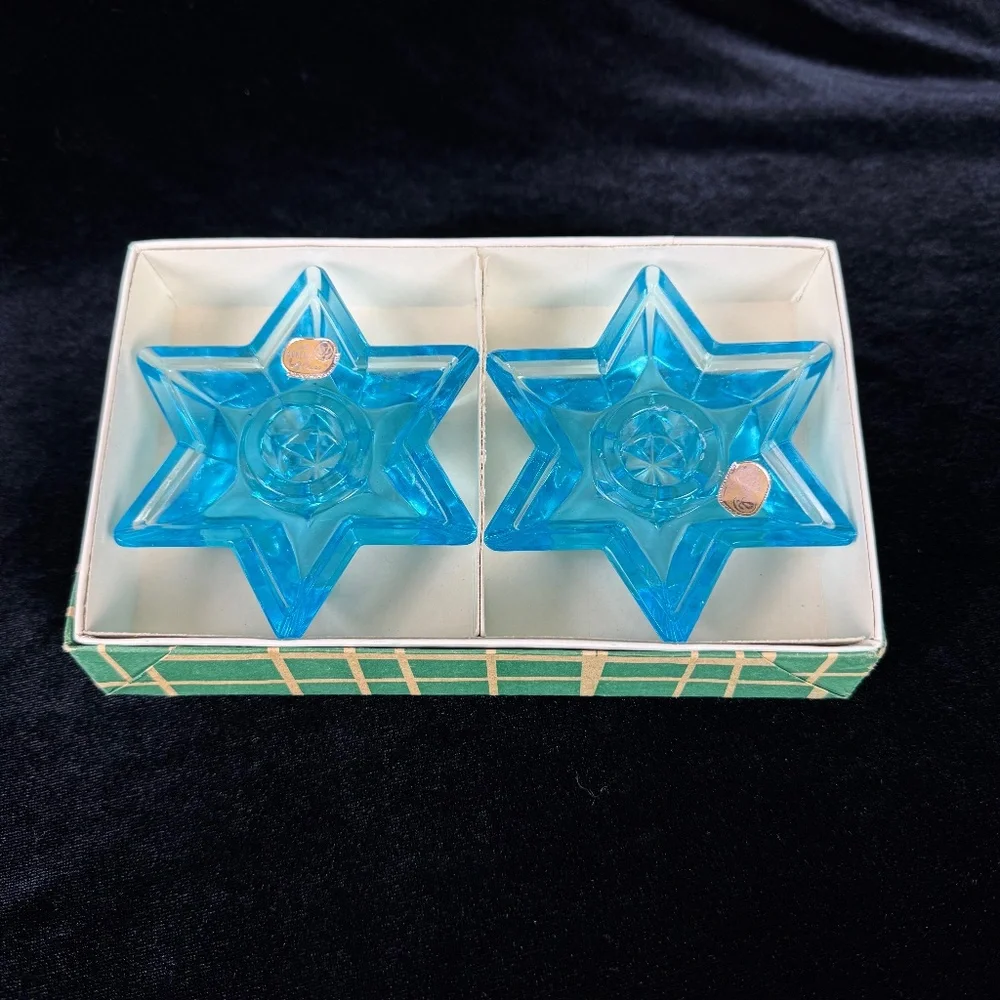 2 Blue Star of David Candleholders Vintage MCM Bohemian Glass Original Box - Picture 1 of 10